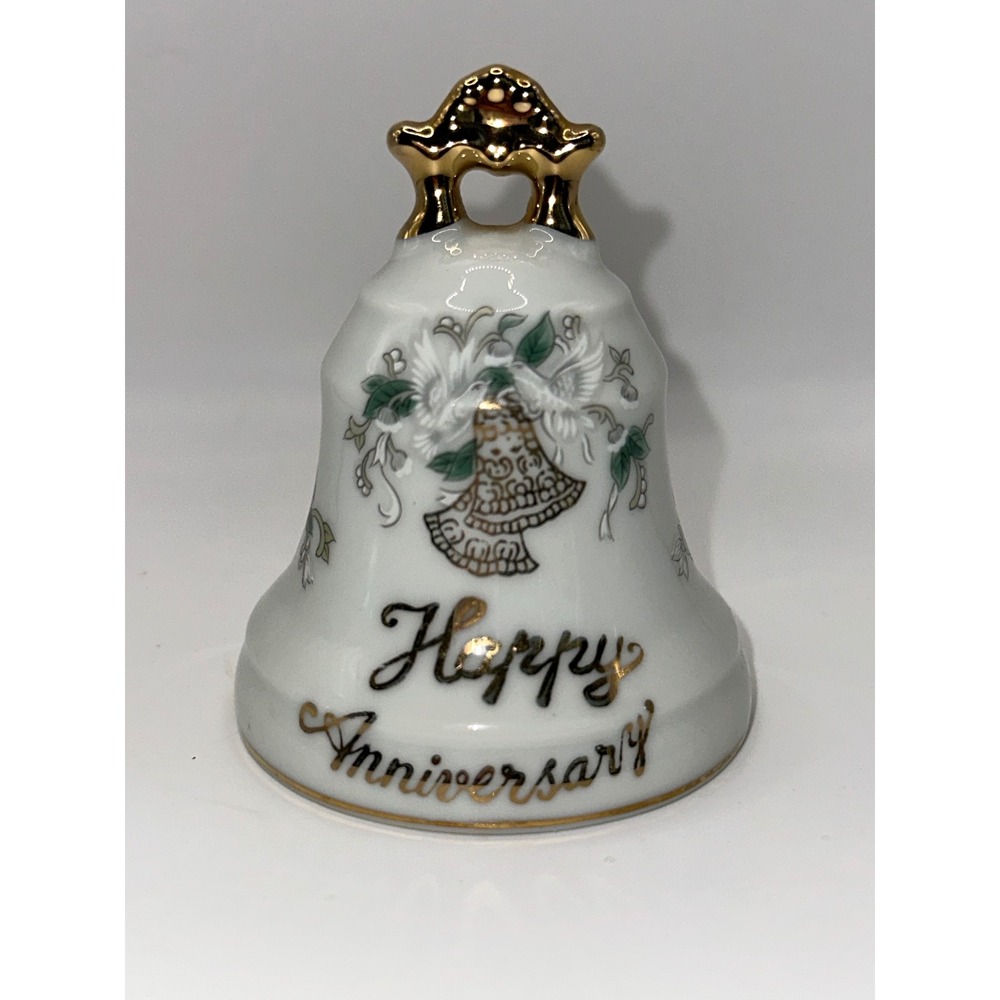 Vintage Lefton China Happy Anniversary Porcelain Bell Gold Trim Doves 2122 Japan